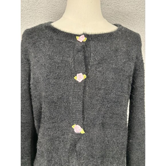 Madden Girl Women's Black Fuzzy Sweater With Flower Buttons M NWT's. - Picture 2 of 8